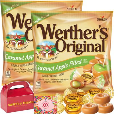 Werther&#39;s Original Caramel Hard Candy Individually Wrapped Creamy Soft Smooth Treat Box Included (Caramel Apple Filled Candies - 2 Bags)