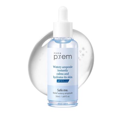 make p:rem Safe me. Relief watery ampoule facial ampoule lightweight ampoule for oily dry skin quick absorbing cooling 50ml, 1.69 fl.oz. MAKEP:REM makeprem