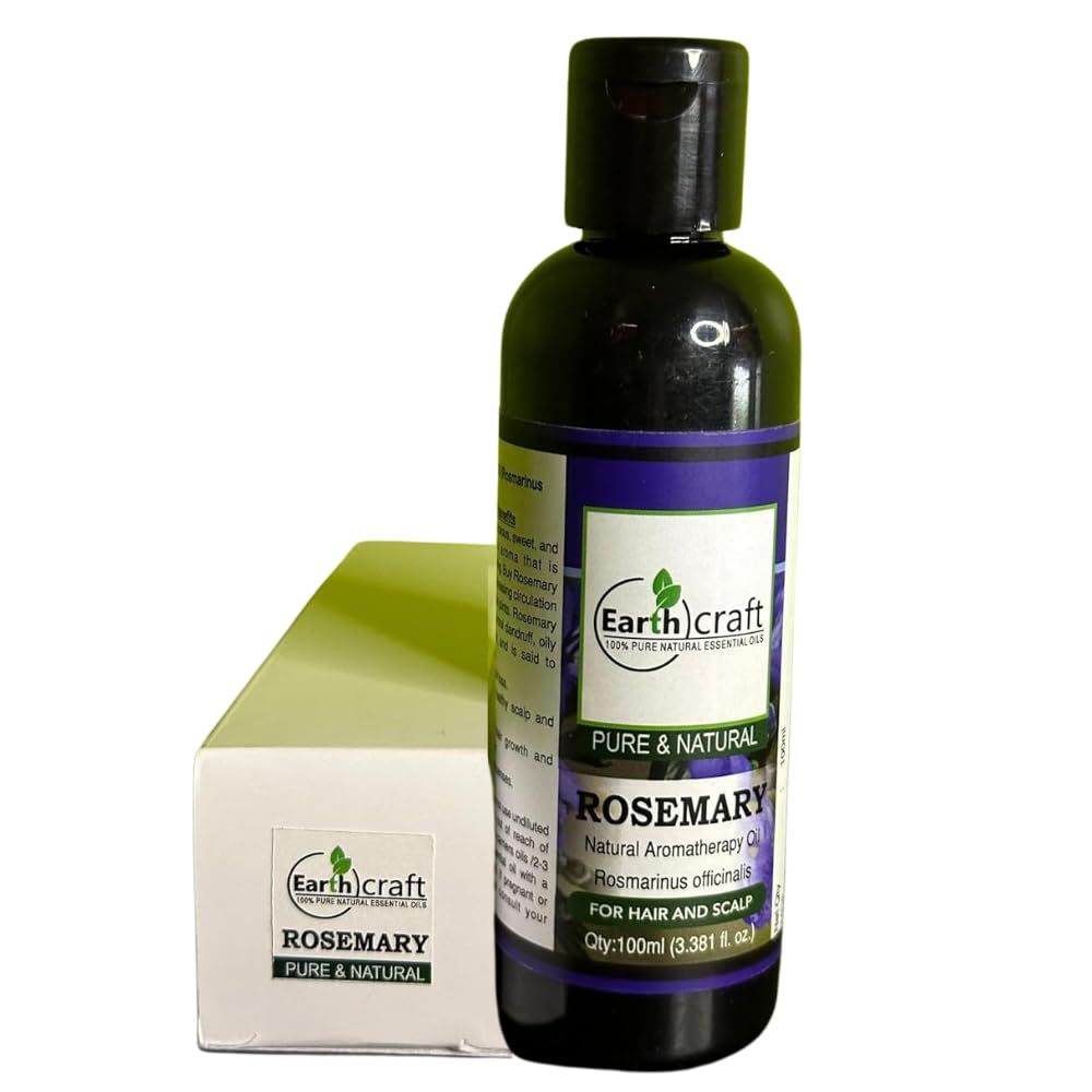 EARTH CRAFT ROSEMARY OIL for HAIR GROWTH, SCALP, SKIN and AROMATHERAPY - Rosemary Essential Oil Organic Pure and Natural, Vegan - 100ml (3.38 fl. oz.)
