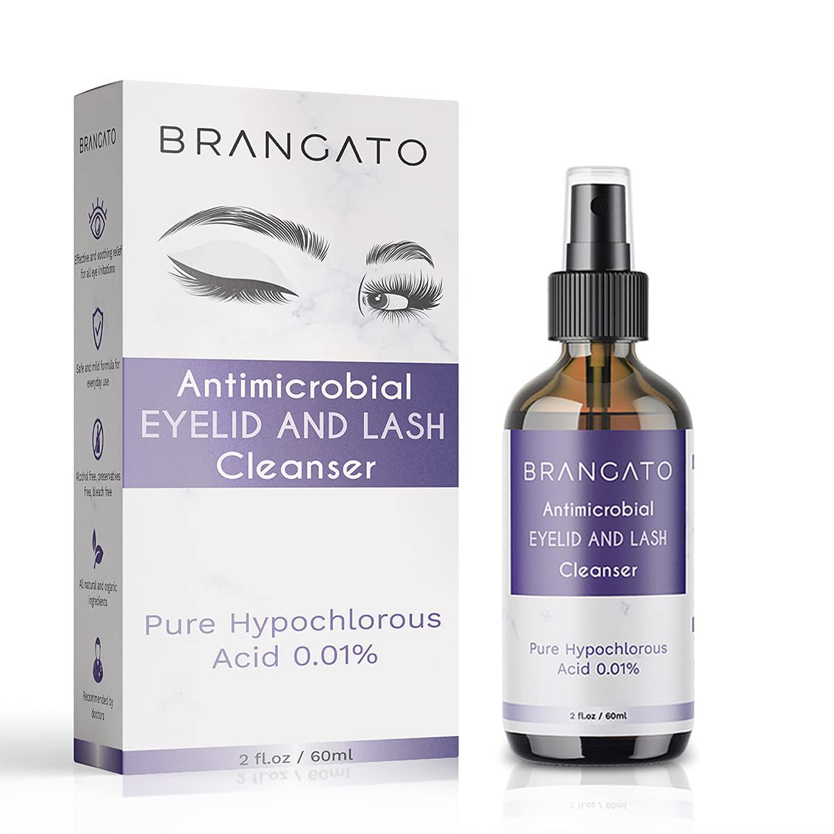 Brangato Eyelid and Lash Cleanser - Dry Eye Relief, Stye and Blepharitis Treatments, FDA-Cleared Hypochlorous Acid Spray, 60mL(2oz)