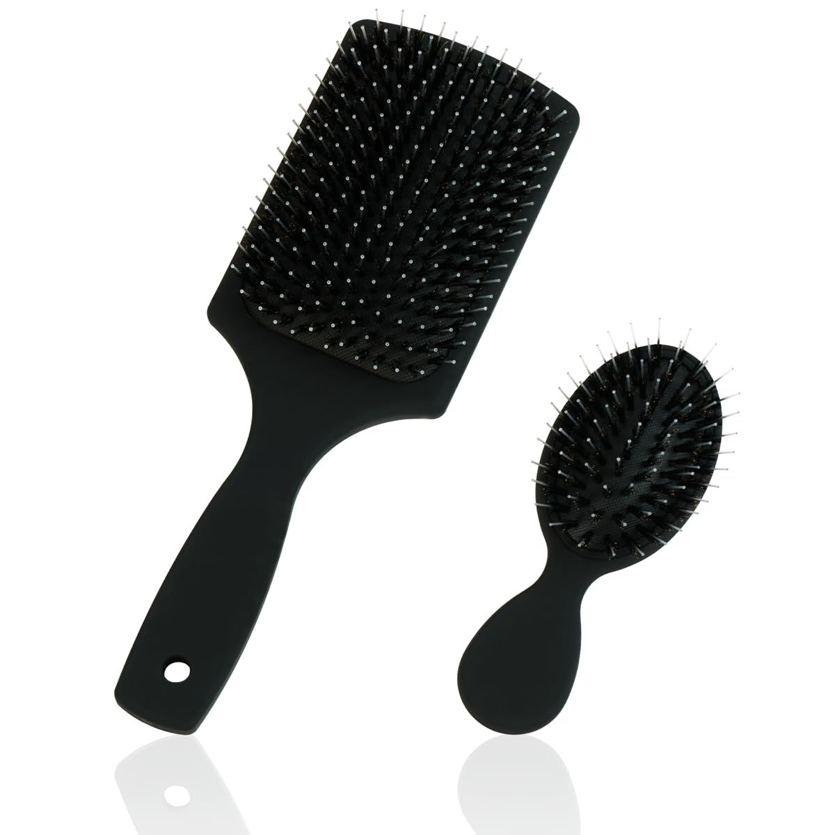 Boar Bristle Brush Set by Everlong, Boar Hair Nylon Mix Paddle Mini Brush Duo, Add Shine and Stimulate Scalp, Regular Travel Size, Safe for Hair Extensions Wigs