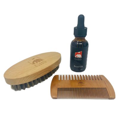 G.B.S Men&#39;s 3n1 Grooming Beard Care Kit - Wooden Two Sided Beard and Hair Comb, Travel Boar Hair Beard Brush and 1fl oz Beard Oil Combo Gift Set