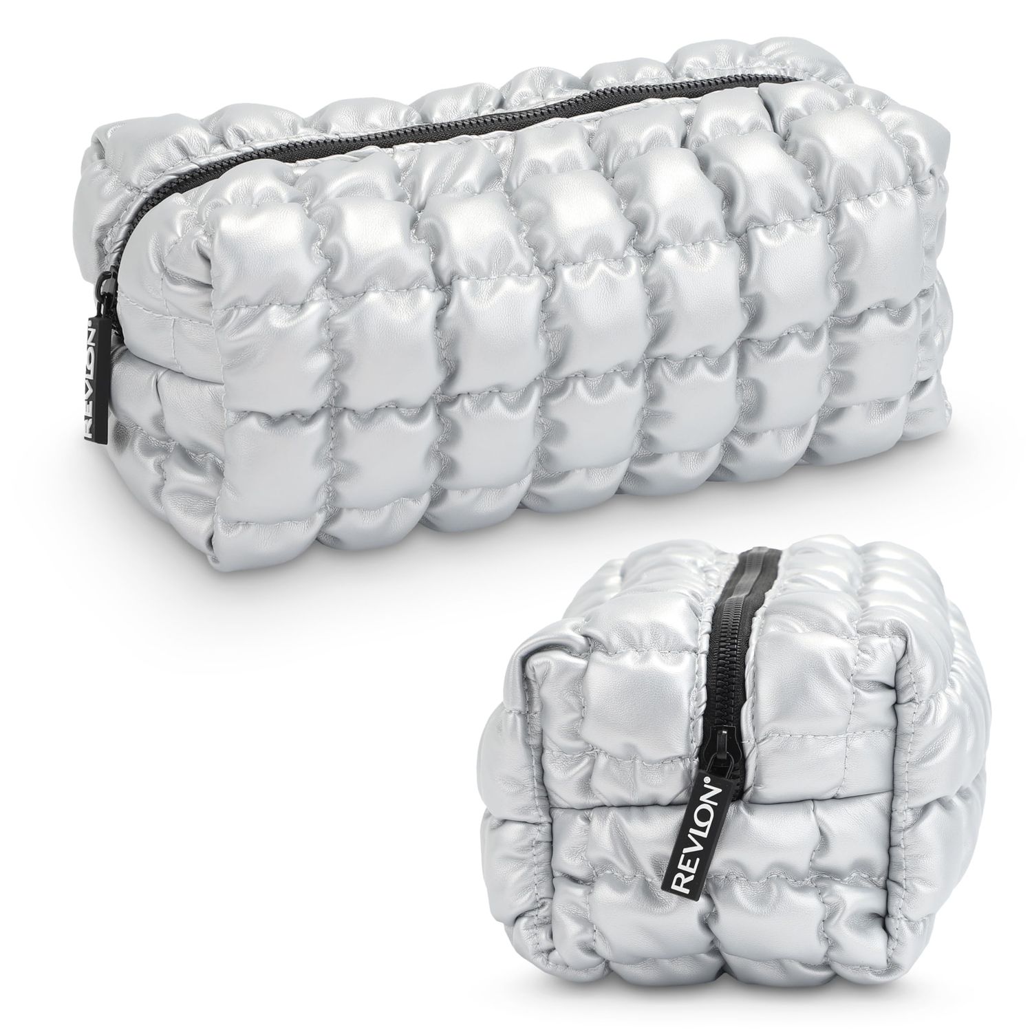 Revlon Quilted Makeup Bag - Marshmallow Quilted Makeup Pouch, Travel Makeup Organizer with Zipper, Cosmetic Bag, Mini Makeup Case, Toiletry Pouch, Lipstick, Makeup Brush Organizer Bag, Silver Metallic