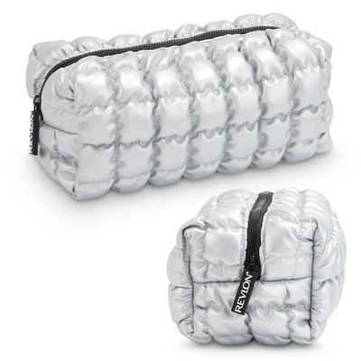 Revlon Quilted Makeup Bag - Marshmallow Quilted Makeup Pouch, Travel Makeup Organizer with Zipper, Cosmetic Bag, Mini Makeup Case, Toiletry Pouch, Lipstick, Makeup Brush Organizer Bag, Silver Metallic