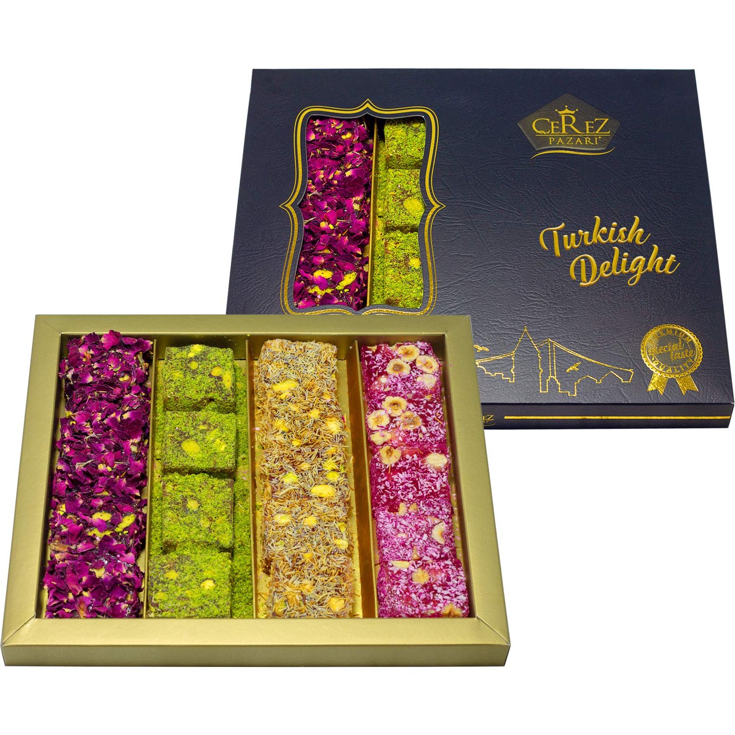 Cerez Pazari Turkish Delight Pistachio and Hazelnut with Fantastic Rose Pomegranate Flavour Experience in Luxury Large Gift Box 500g Assorted Gourmet, Sweet Vegan Traditional Lokum (16-20 Pcs)