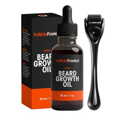 FollicleFueled Beard Growth Kit - Microneedle Derma Roller Biotin Beard Oil - Beard Roller Beard Kit for Thicker Beards - Natural Beard Comb (0.25mm, Vanilla Scent, 1 Fl Oz)