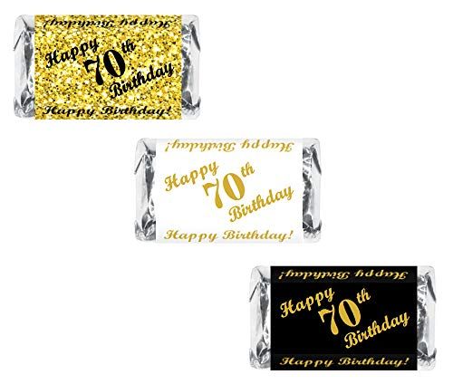 70th Birthday Miniatures Candy Bar Wrapper, (Set of 60) Mini Candy Bar Stickers; 3 Designs: 24 Gold, 24 Black, 12 White. Candy not Included. Made in USA
