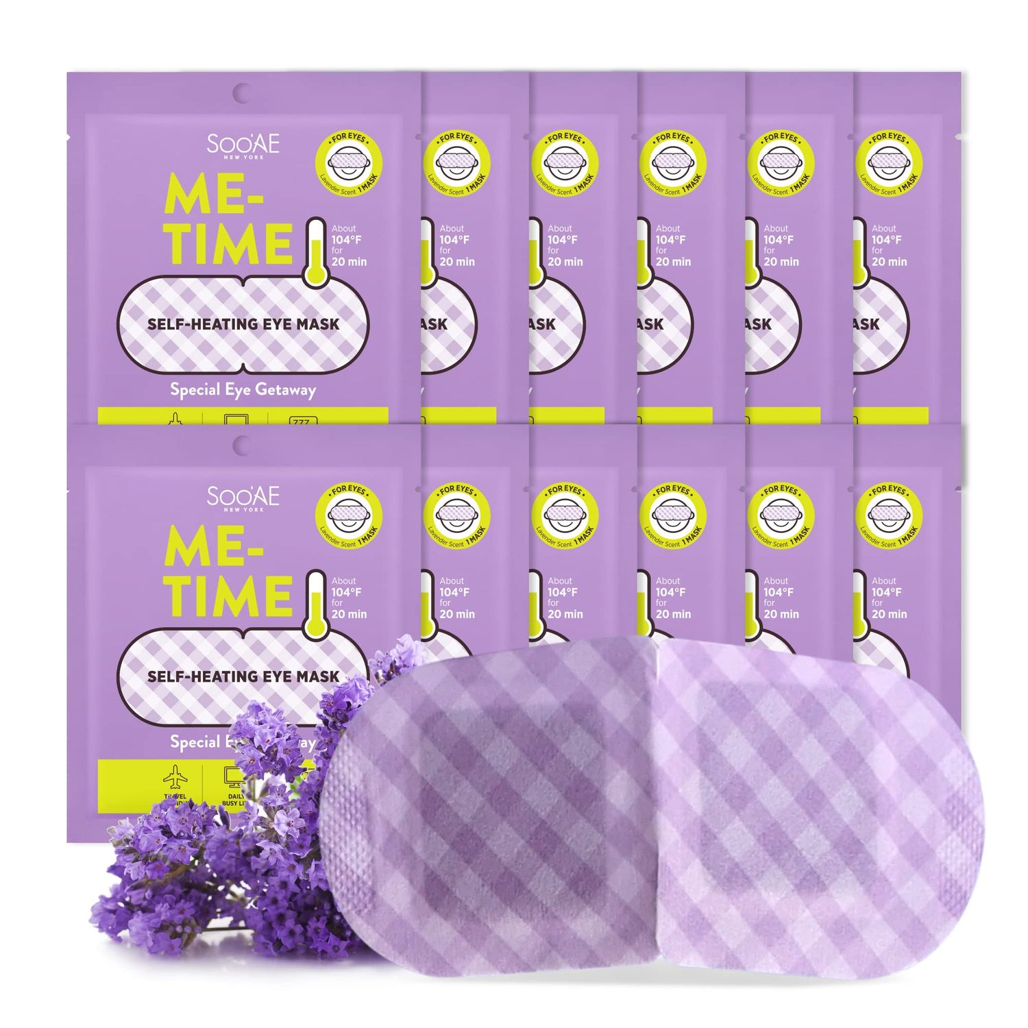 SooAE Me-Time Self-Heating Eye Mask 12 Count Soothing Relaxing, For Eye Area, Lavender Scent, Travel Friendly, At Home Spa Experience, Premium Quality, No Harmfull Ingredients, 12 Value Pack
