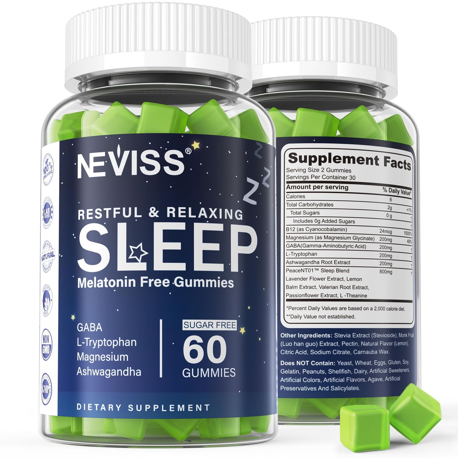 NEVISS Melatonin Free Sleep Aid Gummies for Adults - GABA, L-Tryptophan, Magnesium, Ashwagandha - Non-Habit Forming, Help for Deep Relaxation - Vegan, Meyer Lemon Flavor, 1Pack