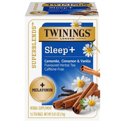 Twinings Superblends Sleep Herbal Tea with Melatonin Camomile, Cinnamon Vanilla, Caffeine-Free, 16 Count (Pack of 6), Enjoy Hot or Iced