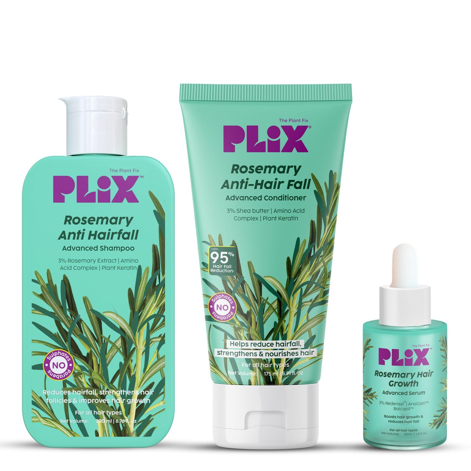 PLIX Rosemary Anti Hairfall Regime Combo with 3 Redensyl Serum, Shampoo Conditioner l Reduces Hair Fall Strengthens Hair l Sulphate Paraben Free l All Hair Types l Unisex