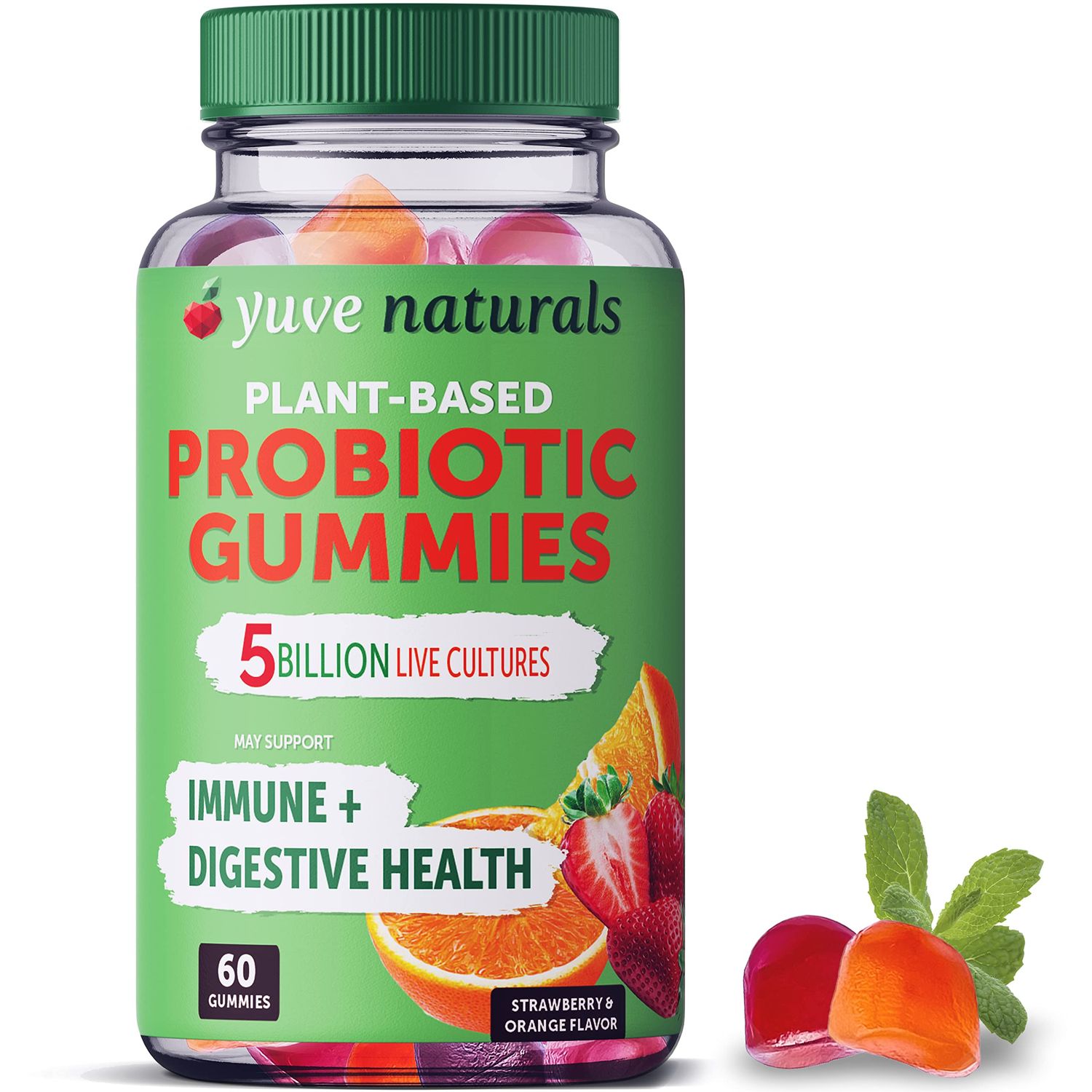 Yuve 100 Natural Sugar Free Probiotic Gummies 5 Billion CFU, Helps with Constipation, Bloating Leaky Gut - Vegan, Gluten-Free Non-GMO - 60ct