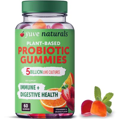 Yuve 100 Natural Sugar Free Probiotic Gummies 5 Billion CFU, Helps with Constipation, Bloating Leaky Gut - Vegan, Gluten-Free Non-GMO - 60ct