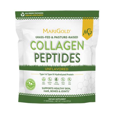 MariGold Grass-fed Collagen Peptides Powder Unflavored 1LB - 100 Pure, Type I III Bovine Hydrolyzed Collagen, Non-GMO, Hormone-Gluten-Dairy Free, Keto-Friendly, Easy to Mix