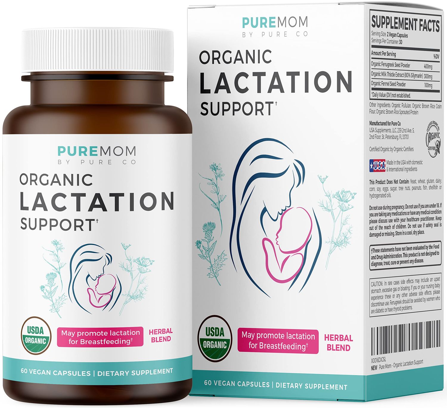 USDA Organic Lactation Supplement - Increase Milk Supply with Herbal Breastfeeding Support - Aid for Mothers - Organic: Fenugreek Seed, Fennel Milk Thistle - 60 Vegan Capsules (No Pills or Cookies)
