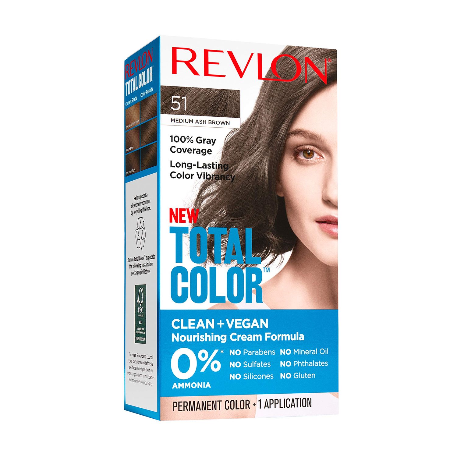 Revlon Total Color Permanent Hair Color, Clean and Vegan, 100 Gray Coverage Hair Dye, 51 Medium Ash Brown, 3.5 oz
