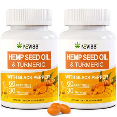 2 Pack Hmp Oil Capsules with Turmeric - Organic Hmp Seed Oil Pills with Turmeric Curcumin, Black Pepper - Vegan Omega 3 6 Supplement - Extra Strength Absorption - 120 Softgels