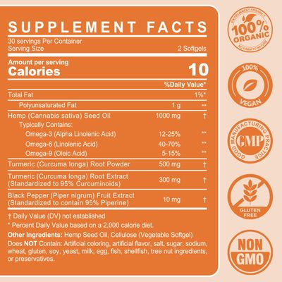 2 Pack Hmp Oil Capsules with Turmeric - Organic Hmp Seed Oil Pills with Turmeric Curcumin, Black Pepper - Vegan Omega 3 6 Supplement - Extra Strength Absorption - 120 Softgels