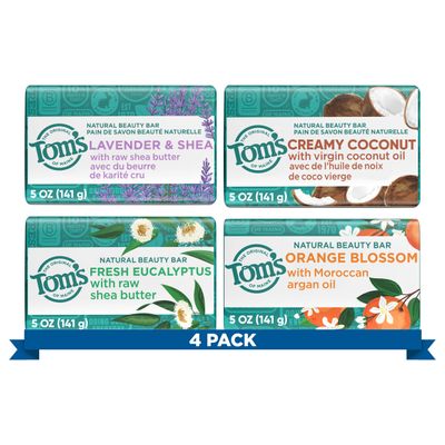 Tom&#39;s of Maine Bar Soap Variety Pack, Natural Bar Soap for Women and Men, Lavender Shea, Fresh Eucalyptus, Creamy Coconut, Orange Blossom, 5 oz Bars (4-Pack)