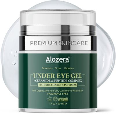 Alozera Under Eye Gel Cream - Reduces Dark Circles Puffiness, Repairs Moisturizes, Hydrating and Refreshing Formula for Under Eyes Skin, 1.7 oz