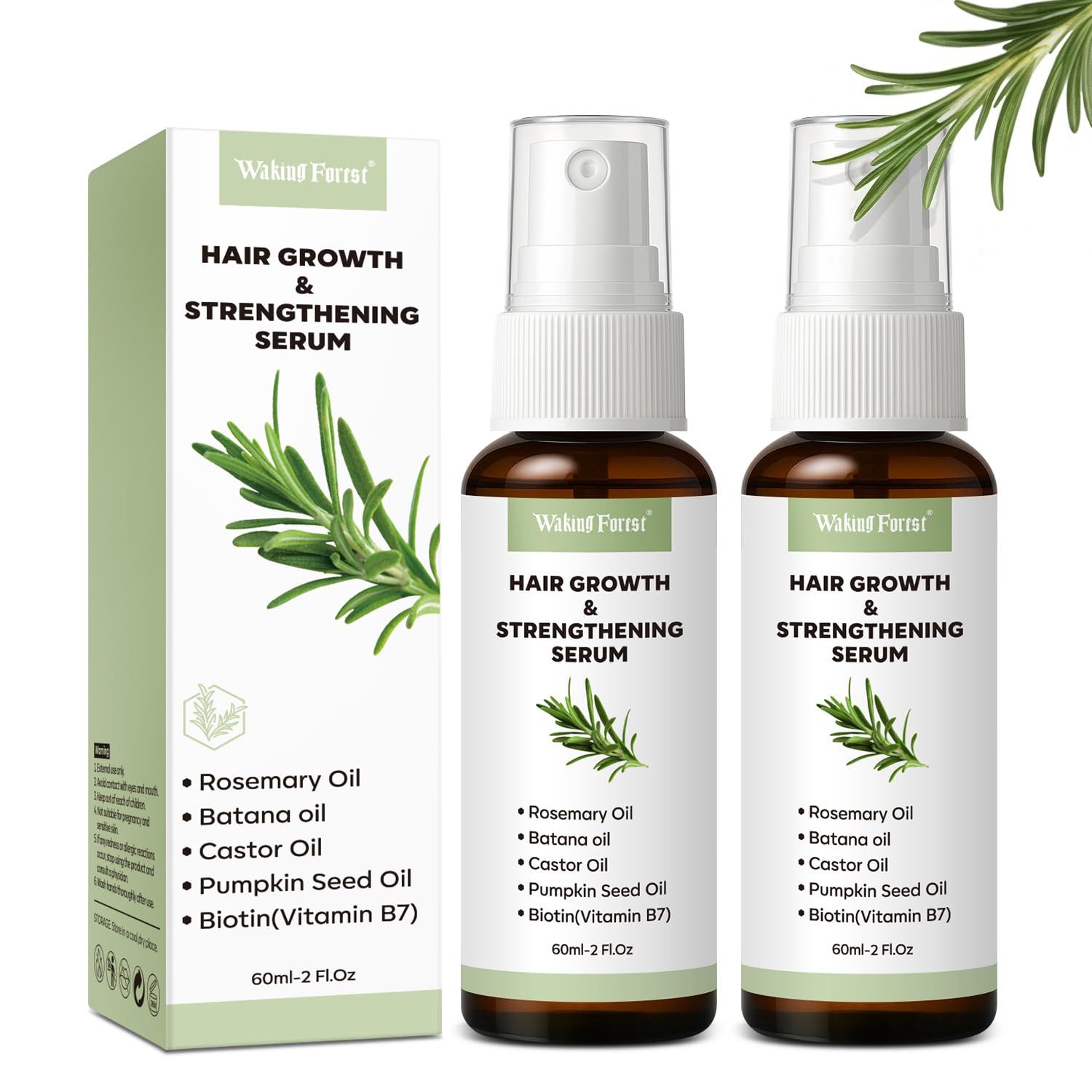 Waking Forest Hair Growth Oil Spray, Rosemary Oil, Nourishes Scalp with Castor Oil, Batana Oil, Biotin, Promotes Thicker, Fuller Hair for Women Men - All Hair Types (2 Oz, 2 Packs)