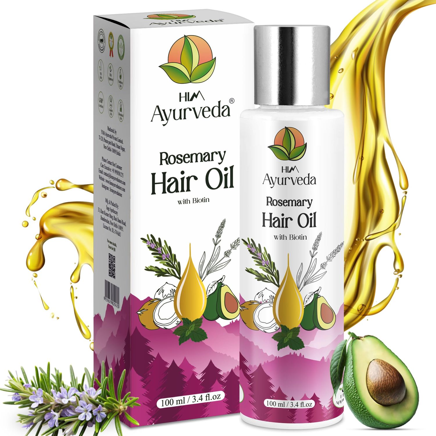 HIM AYURVEDA Rosemary Hair Oil Ayurvedic Hair Growth Oil for Men Women Best Hair Fall Control Scalp Nourishment Strengthens Thickens Hair SLS Paraben Free 100ml(pack of 1)