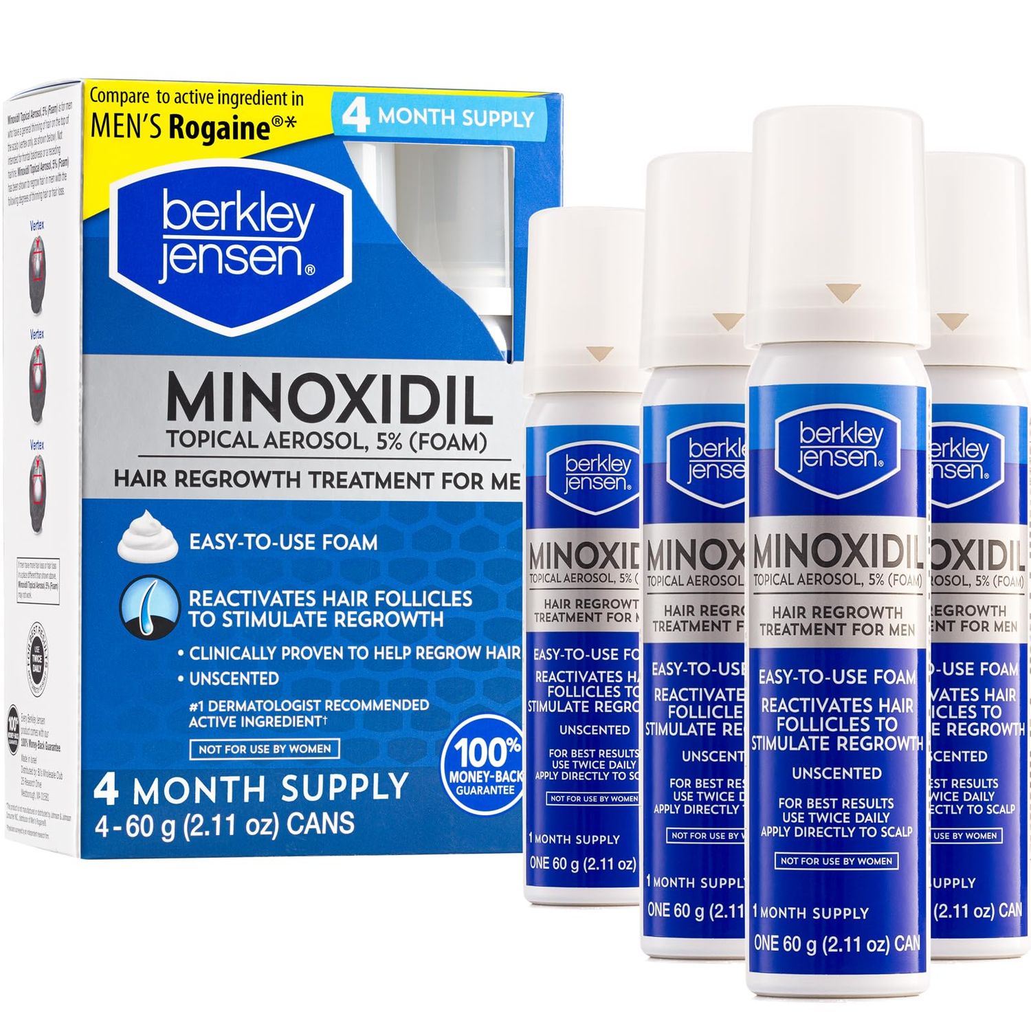 Berkley Jensen Men&#39;s Minoxidil Foam for Hair Loss and Hair Regrowth, 5 Minoxidil Topical Aerosol Thinning Hair Treatment for Men 4 -Month Supply, 2.11 Ounce, (Pack of 4)