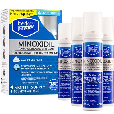 Berkley Jensen Men&#39;s Minoxidil Foam for Hair Loss and Hair Regrowth, 5 Minoxidil Topical Aerosol Thinning Hair Treatment for Men 4 -Month Supply, 2.11 Ounce, (Pack of 4)