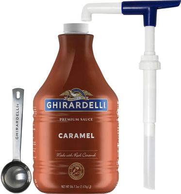 Ghirardelli Caramel Sauce, 87.3 oz (5 lb 7.3 oz) Bottle with Ghirardelli Stamped Barista Spoon Pump