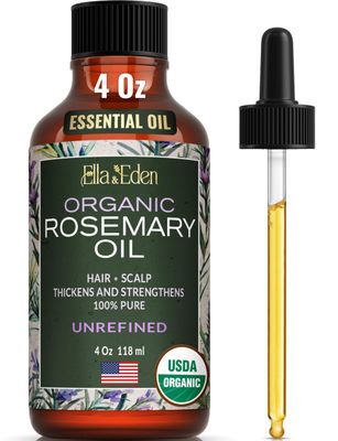 Ella Eden Rosemary Oil for Hair 100 Pure, Cold-Pressed, Hexane-Free USDA Certified Organic Rosemary Essential Oil for Skin Aromatherapy in a Glass Bottle, 4 Oz