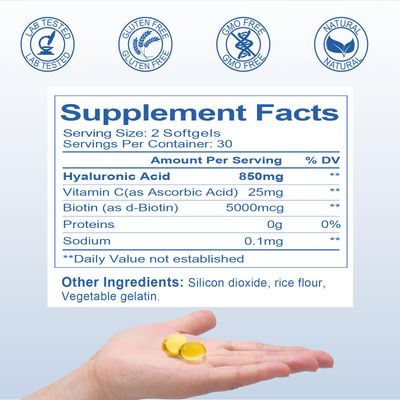 ZIPINKJ Hyaluronic Acid Supplements 850mg with Biotin 5000mcg Vitamin C 25mg High Absorption, Skin Hydration, Hair and Nails Health, Non-GMO, Gluten Free, 60 softgels