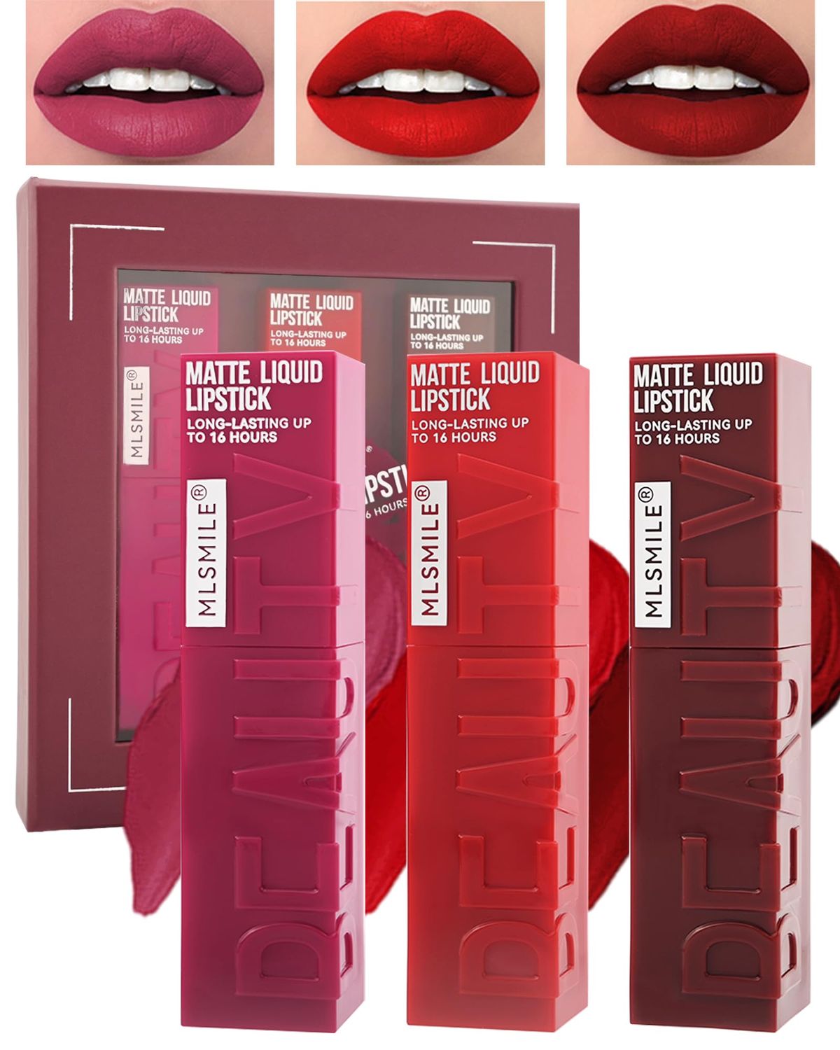 Matte Liquid Lipstick Set-3Pcs High Pigmented Lip Stain Tint,Matte Velvet Lip Gloss,Up to 16H Wear Lipgloss,Long Lasting Waterproof Non-Stick Tinted Lipstain,Mothers Day Makeup Gift Kit for Women-B