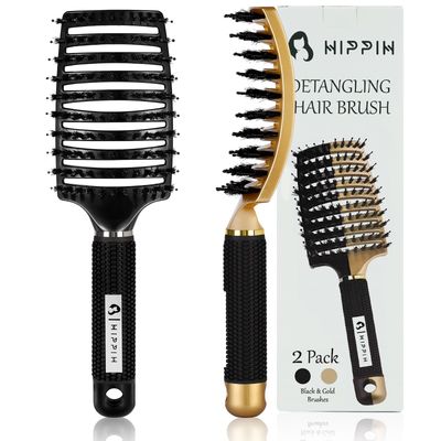 Boar Bristle Hair Brush 2 Pack, HIPPIH Wet Dry No Pull Curved Vented Hair Brush, Styling Voremy Magical Detangler Brush for Kids Men, Hairbrush for Women Can Adds Shine Smooth Curly Thick Hair