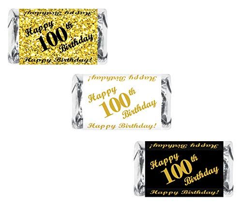 100th Birthday Miniatures Candy Bar Wrapper, (Set of 60) Mini Candy Bar Stickers; 3 Designs: 24 Gold, 24 Black, 12 White, Candy Not Included. Made in USA
