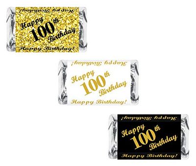 100th Birthday Miniatures Candy Bar Wrapper, (Set of 60) Mini Candy Bar Stickers; 3 Designs: 24 Gold, 24 Black, 12 White, Candy Not Included. Made in USA