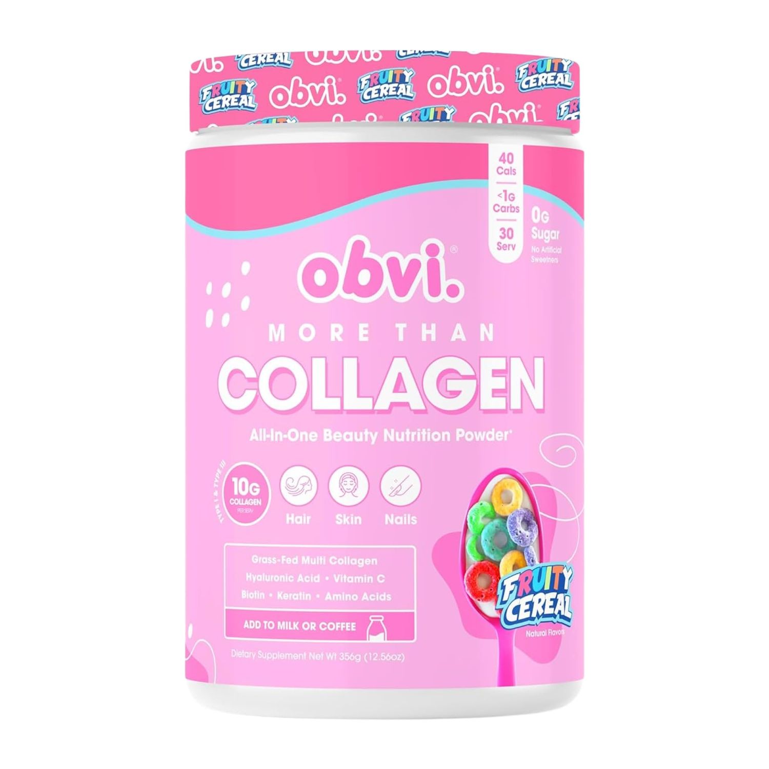 Obvi More Than Collagen Powder Supports Healthy Hair, Skin, Nails, Joints, Gut Grass-Fed Multi Collagen Supplement with Hyaluronic Acid, Biotin, Keratin Fruity Cereal, 30 Servings