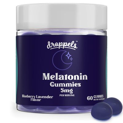 Droppels Melatonin Gummies, 5mg - Plant-Based, Vegan Melatonin 5mg for Natural Sleep Support with Chamomile Extract, 60 Count, Blueberry Flavor (1-Month Supply)