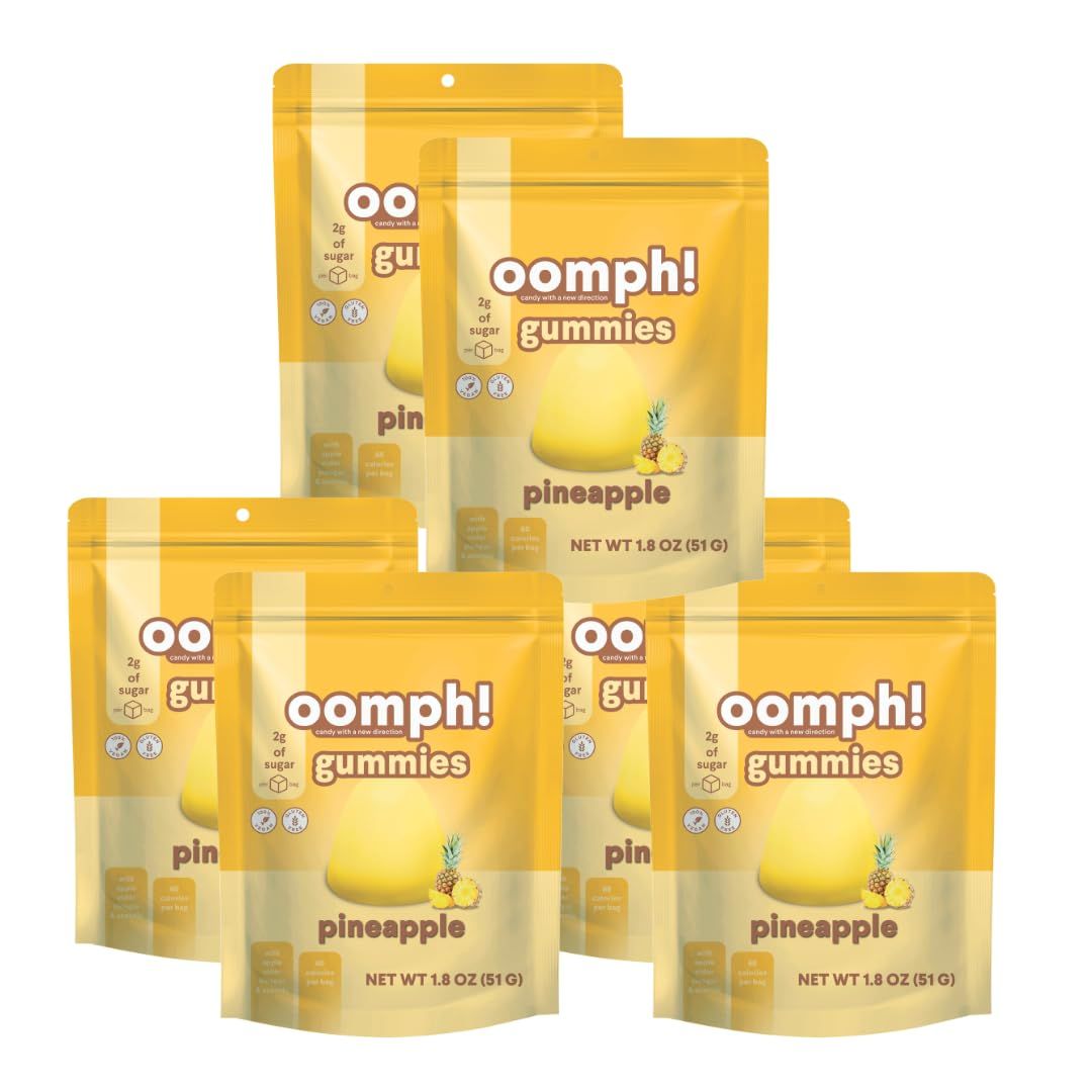 Oomph! Sweets High Fiber Gummies, Anti Bloating Gut Cleansing Alternative to Fiber Supplements, Low Sugar Low Carb Low Calorie Skinny Chewable Candies (Pineapple 6-Pack x 14 pc per 1.8 oz bag)