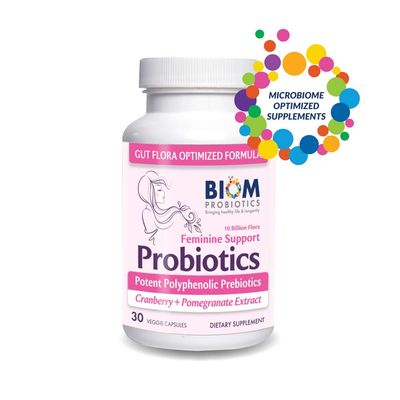 Biom Complete Feminine Balance Women&#39;s Daily Probiotics Prebiotics with Organic Cranberry Pomegranate with Lactobacillus crispatus, Gluten , Dairy-Free. 30 Servings