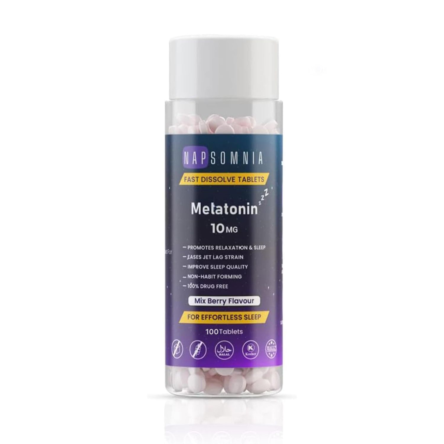 NAPSOMNIA Melatonin Fast Dissolve Tablets - Mix Berry Chewable Melatonin Tablets - Non-Habit-Forming Melatonin Sleep Aid for Adults - Sugar Free Melatonin Tablets for Restful Sleep (100)