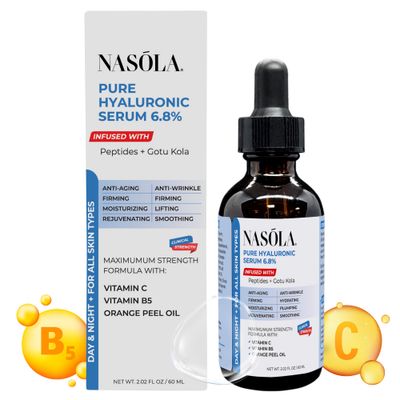 Nasola 6.8 Pure Hyaluronic Acid Serum for Face, Hyaluronic Acid Moisturizer - Get the Moisture Your Skin Needs for a Healthy, Youthful Glow with Orange Peel Oil, Vitamin B5 and C, 2.02 Oz