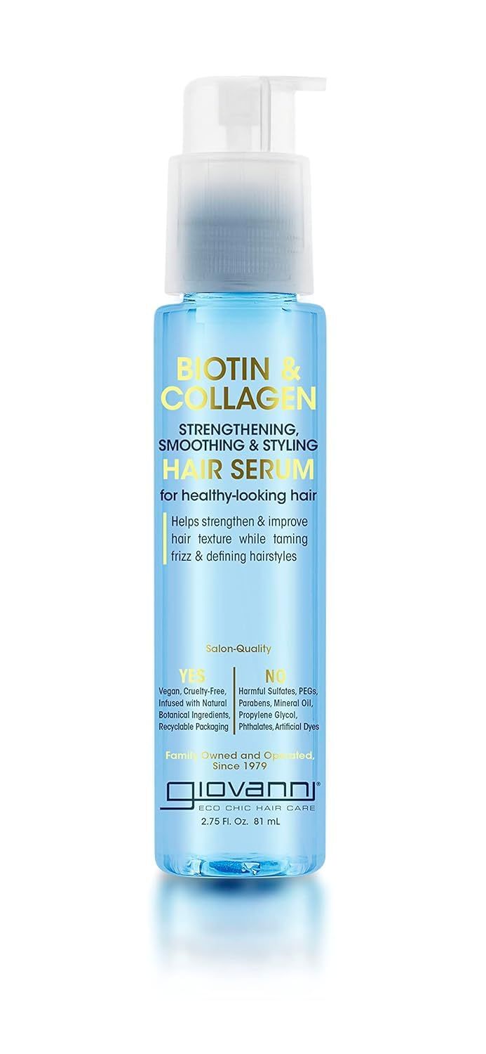GIOVANNI Biotin Collagen Hair Serum - Hair Strengthening, Smoothing Styling, Vegan, Cruelty-Free, Infused with Natural Botanical Ingredients, Salon-Quality, For Healthy-Looking Hair - 2.75 Oz