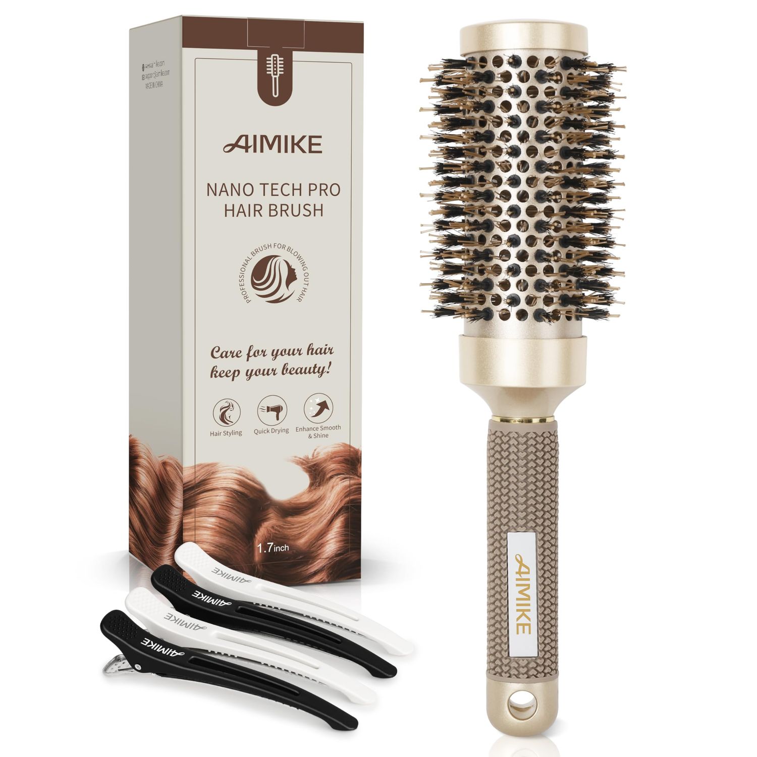 AIMIKE Round Brush for Blow Out, Medium Round Hair Brush Nano Thermal Ceramic Ionic Tech, for Blow Drying Styling, Curling and Shine - 2.9 inch Barrel wBoar Bristles