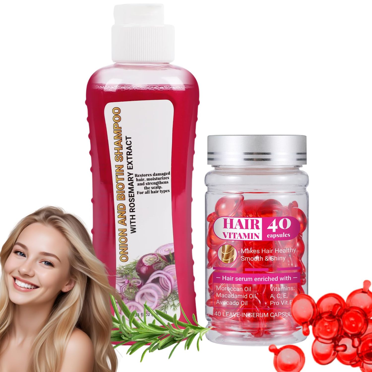 Onion Shampoo with Biotin Rosemary Extract Hair Vitamin Capsules - 248ml 40 Capsules - Restores, Strengthens Moisturizes Hair - Promotes Healthy, Shiny Smooth Hair