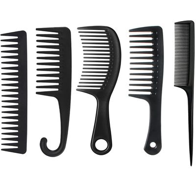 5 Pcs Hair Comb Set - Wide Tooth for Detangling, Fine Tooth Rat Tail for Styling, Shower With Hook - for Women and Men (Black)