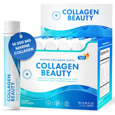 Swedish Nutra - Collagen Beauty 10,000 mg Hydrolyzed Marine Collagen Liquid Supplement - 30 x 25 ml Daily Shots Hyaluronic Acid and Vitamin C to Support Healthy Hair, Skin, Nails Sugar-Free