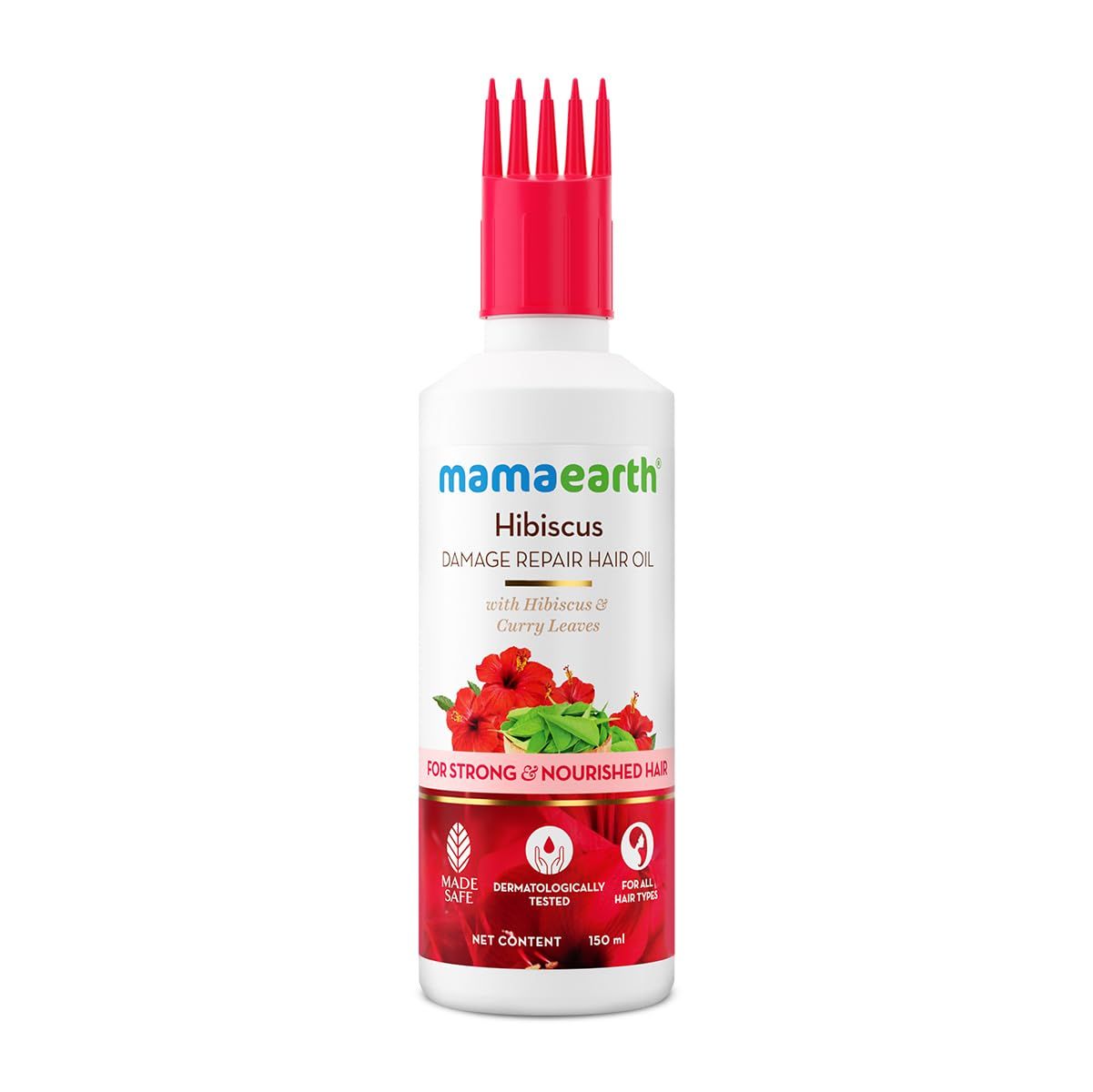 MAMAEARTH Hibiscus Damage Repair Hair Oil with Curry Leaves Deeply Nourishes Scalp Strengthens Hair Enhances Regrowth Makes Hair Strong 5.07 Fl Oz150ml