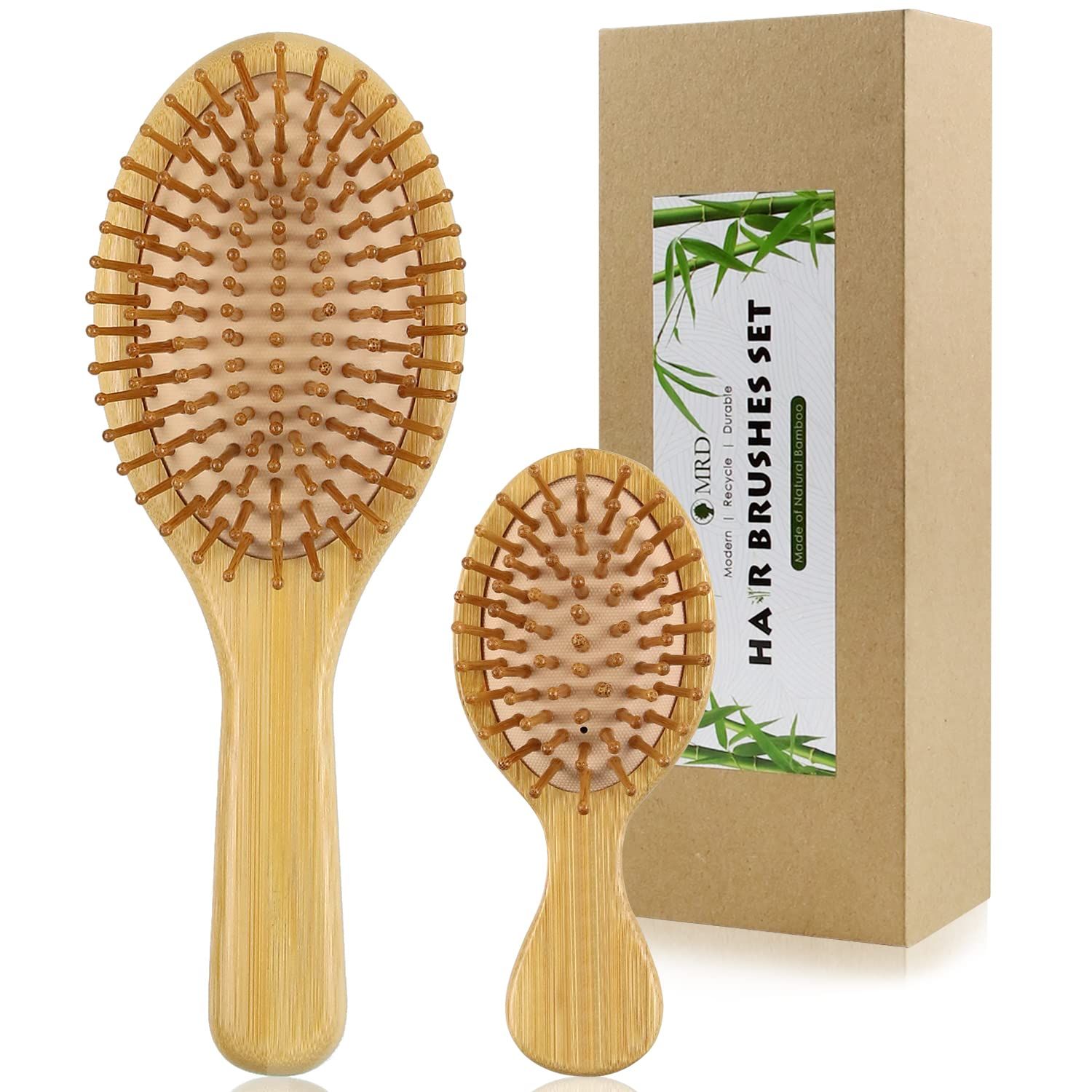 2Pcs Hair Brush, Natural Bamboo Hair brushes Set With Paddle Detangling Wooden Hairbrush and Mini Travel Size Brush, Massage Scalp ThickThinCurlyDry Hair For Women Men and Kids by MRD