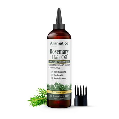 AROMATICO 100 Pure Rosemary Oil for Hair Growth, Hair-fall Control Hair Thickening. Enriched with Sesame, Jojoba Almond Oils. Non-Sticky Texture. With Applicator Caps 200ml
