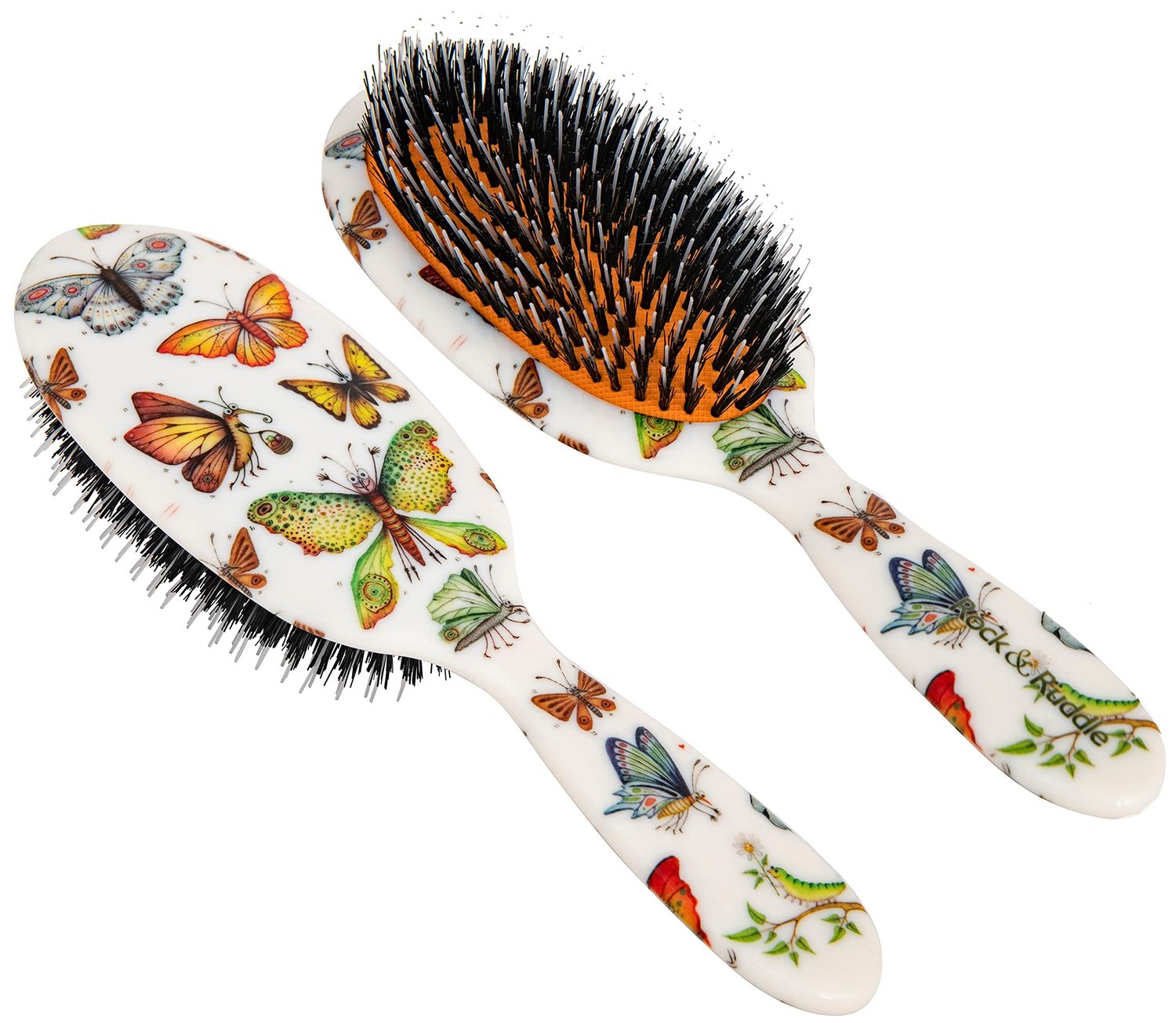 Rock Ruddle Natural Mixed Bristle Hair Brush for Women and Kids (Large, 21 cm) - Perfect for Wet or Dry Hair, Detangling Smoothing Blowdrying - Designed Made in UK - Beautiful Butterflies